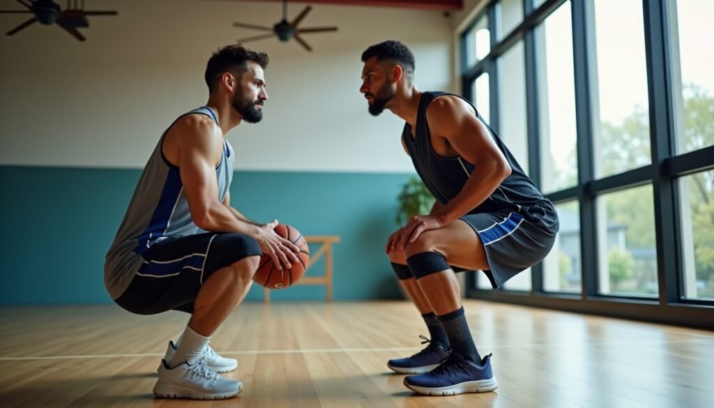 Basketball player performing a squat with kinesiology tape supporting one knee