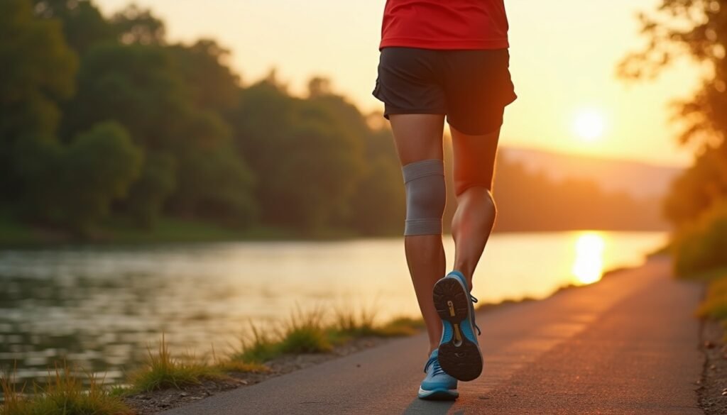 Runner moving comfortably with kinesiology tape supporting a recovering hamstring