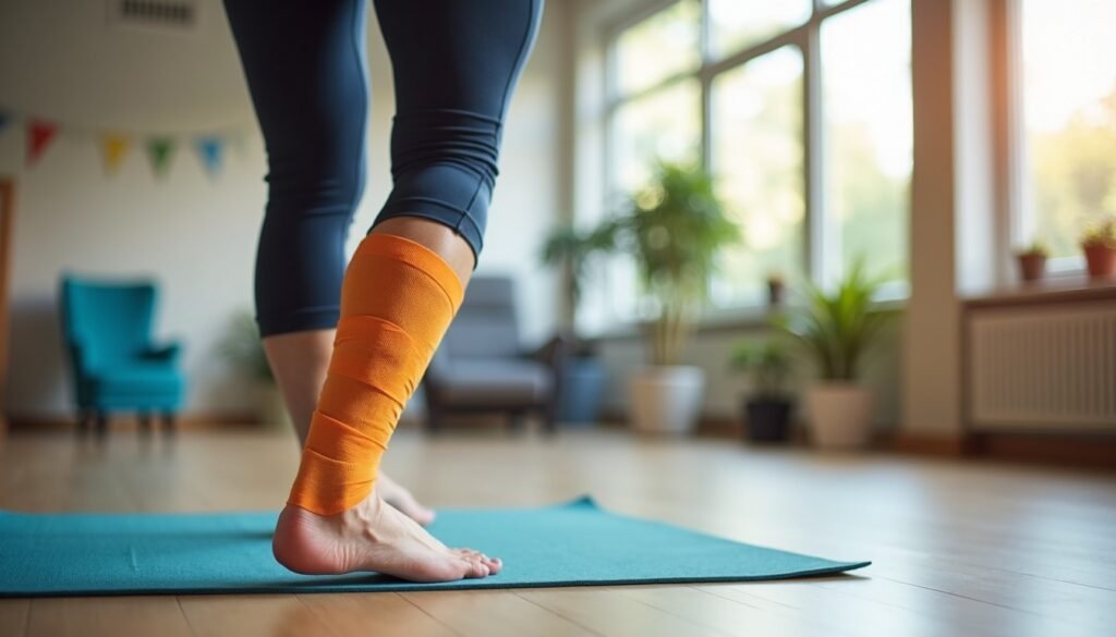 Active adult moving confidently with kinesiology tape supporting one ankle